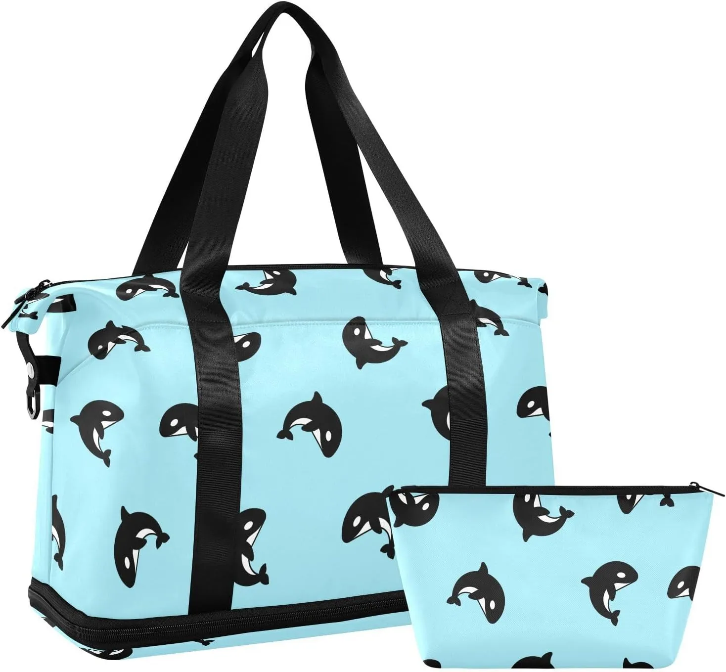 ALAZA Black Killer Whales Travel Duffel Bag for Women Men Sports Gym Bag with Shoe Compartment Tote Weekender Overnight Bag with Wet Pocket for Travel, Gym,Yoga,Swimming
