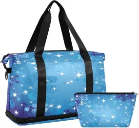 ALAZA Blue Snowflakes Christmas Travel Duffel Bag for Women Men Sports Gym Bag with Shoe Compartment Tote Weekender Overnight Bag with Wet Pocket for Travel, Gym,Yoga,Swimming
