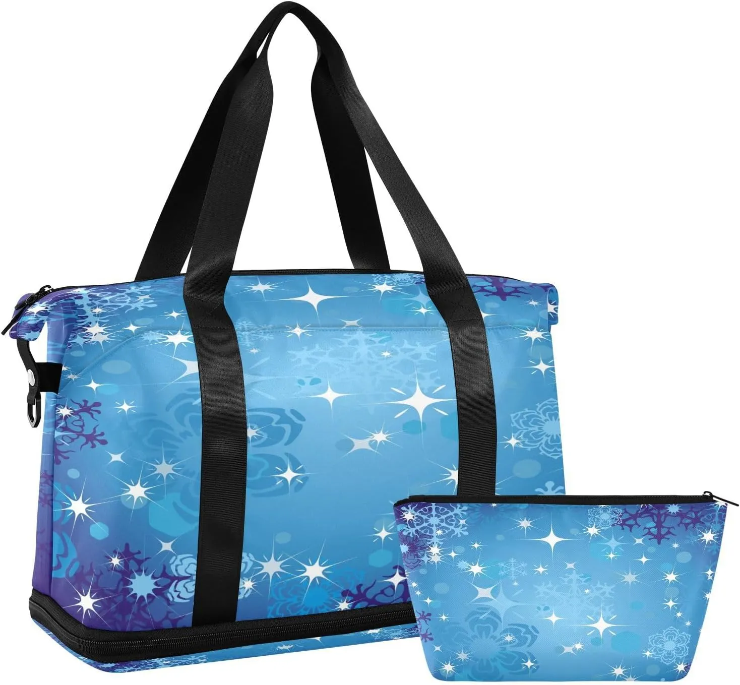 ALAZA Blue Snowflakes Christmas Travel Duffel Bag for Women Men Sports Gym Bag with Shoe Compartment Tote Weekender Overnight Bag with Wet Pocket for Travel, Gym,Yoga,Swimming