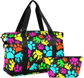 ALAZA Colorful Paw Footprint Black Travel Duffel Bag for Women Men Sports Gym Bag with Shoe Compartment Tote Weekender Overnight Bag with Wet Pocket for Travel, Gym,Yoga,Swimming