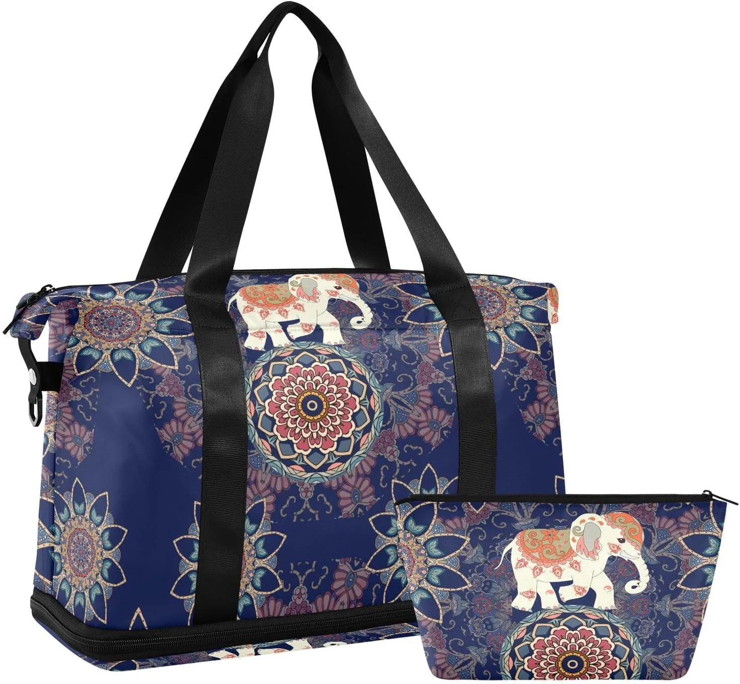 ALAZA Ethnic Art Elephant Decor Travel Duffel Bag for Women Men Sports Gym Bag with Shoe Compartment Tote Weekender Overnight Bag with Wet Pocket for Travel, Gym,Yoga,Swimming