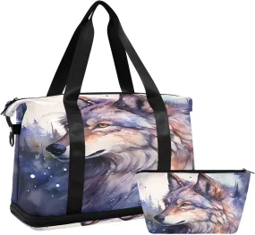 ALAZA Howling Wolf Watercolor Animal Travel Duffel Bag for Women Men Sports Gym Bag with Shoe Compartment Tote Weekender Overnight Bag with Wet Pocket for Travel, Gym,Yoga,Swimming