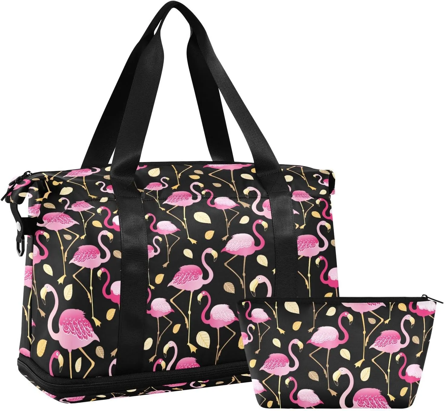 ALAZA Pink Flamingo Animal Gold Leaves Travel Duffel Bag for Women Men Sports Gym Bag with Shoe Compartment Tote Weekender Overnight Bag with Wet Pocket for Travel, Gym,Yoga,Swimming