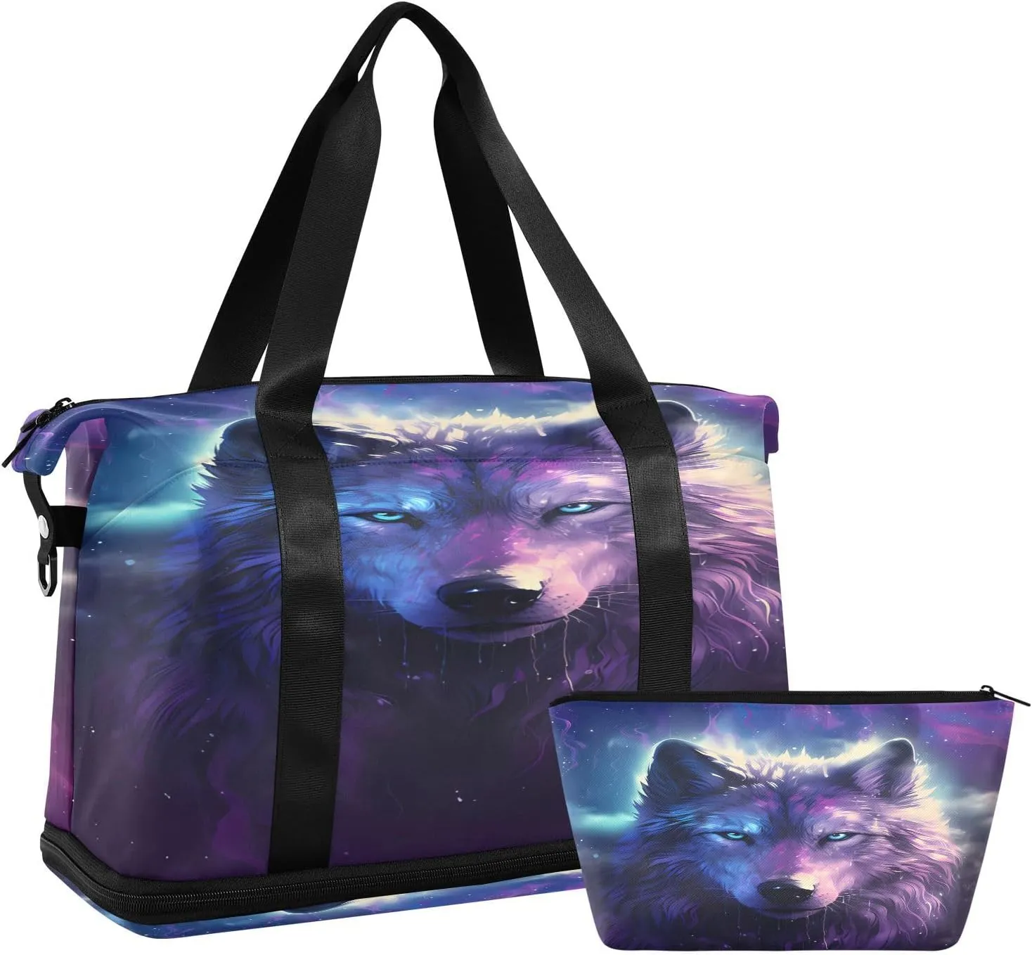 ALAZA Rainbow Wolf Galaxy Space Animal Travel Duffel Bag for Women Men Sports Gym Bag with Shoe Compartment Tote Weekender Overnight Bag with Wet Pocket for Travel, Gym,Yoga,Swimming