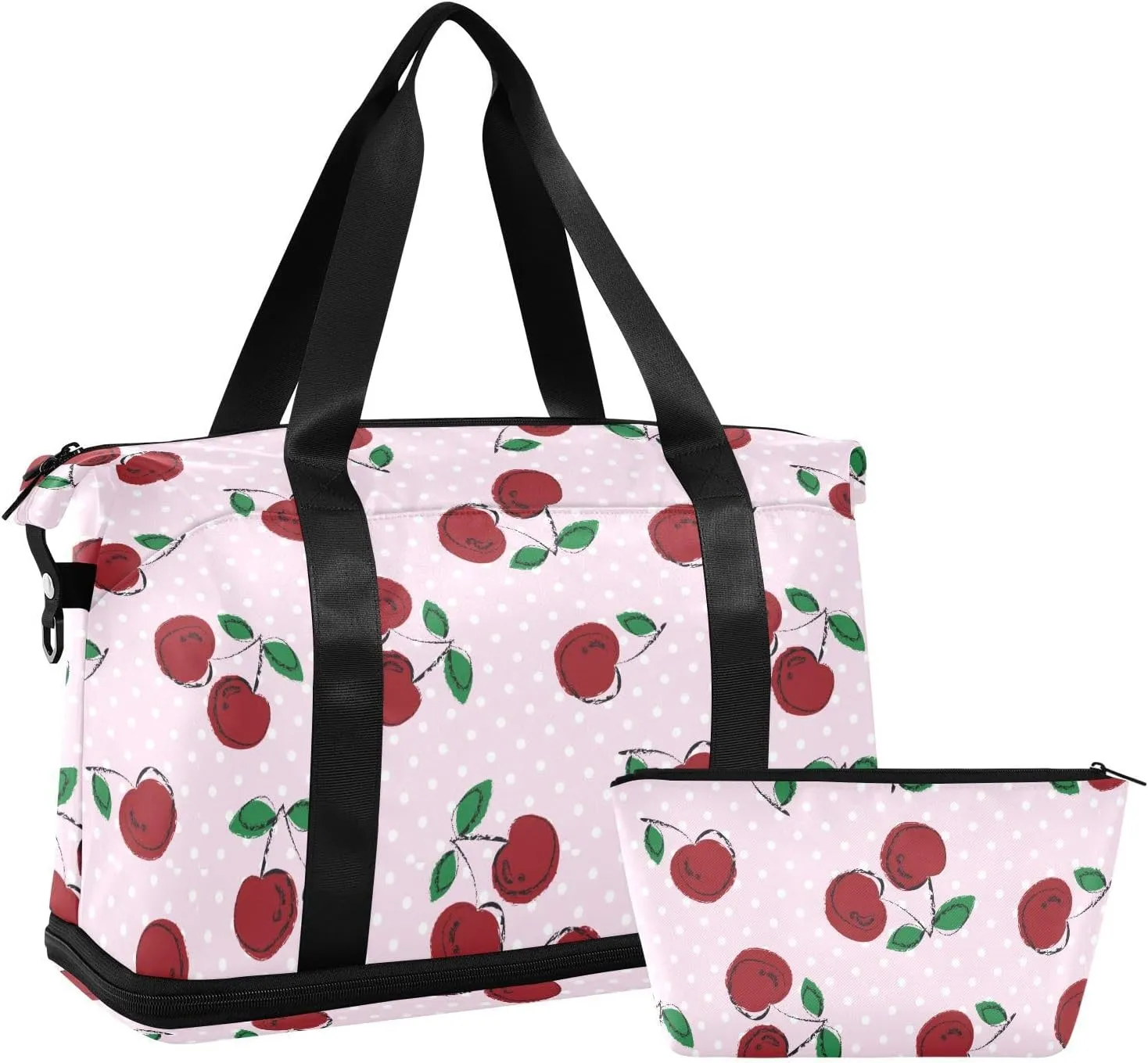 ALAZA Red Cherries Dot Polka Travel Duffel Bag for Women Men Sports Gym Bag with Shoe Compartment Tote Weekender Overnight Bag with Wet Pocket for Travel, Gym,Yoga,Swimming