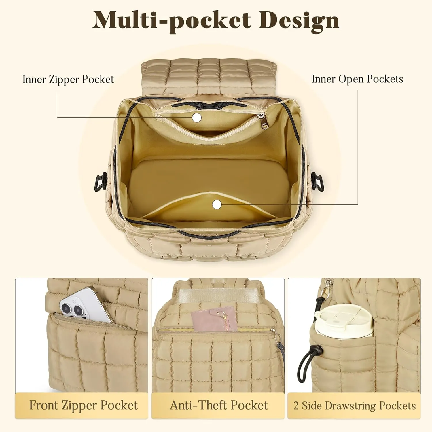 Backpack for Women - Lightweight Puffer Quilted Travel Backpack - Small Casual Daily Daypack Purse for Women - Cute Fashion Carry on Daypack, Brown
