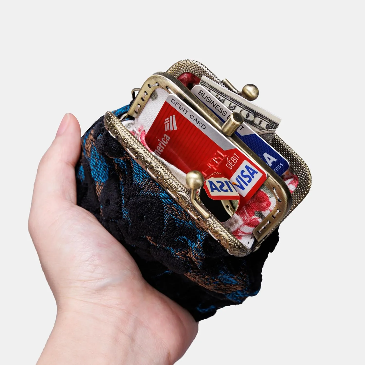 Burnout Velvet Double Kiss Clasp Coin Purse Pouch,Vintage Change Wallet Card Holder