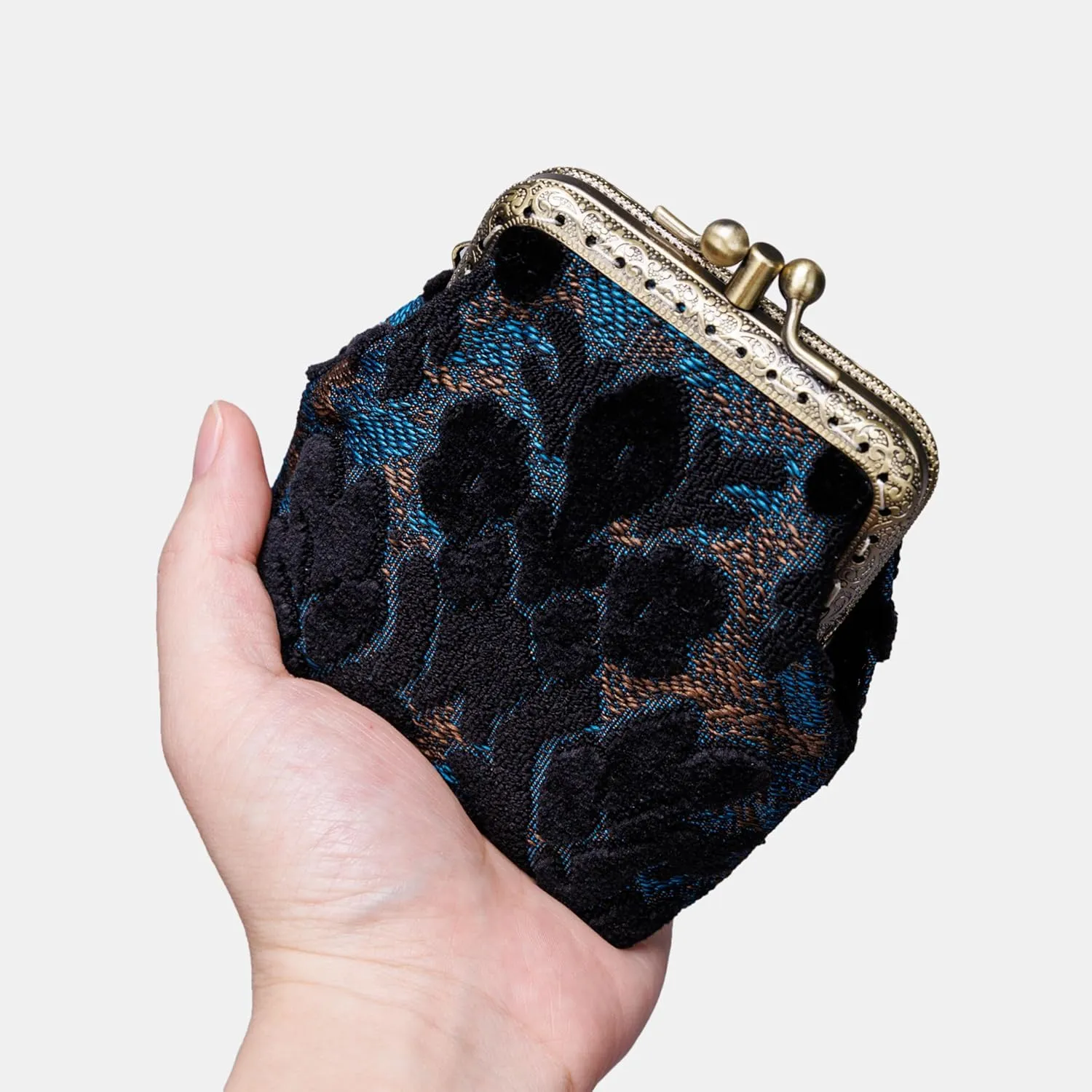 Burnout Velvet Double Kiss Clasp Coin Purse Pouch,Vintage Change Wallet Card Holder