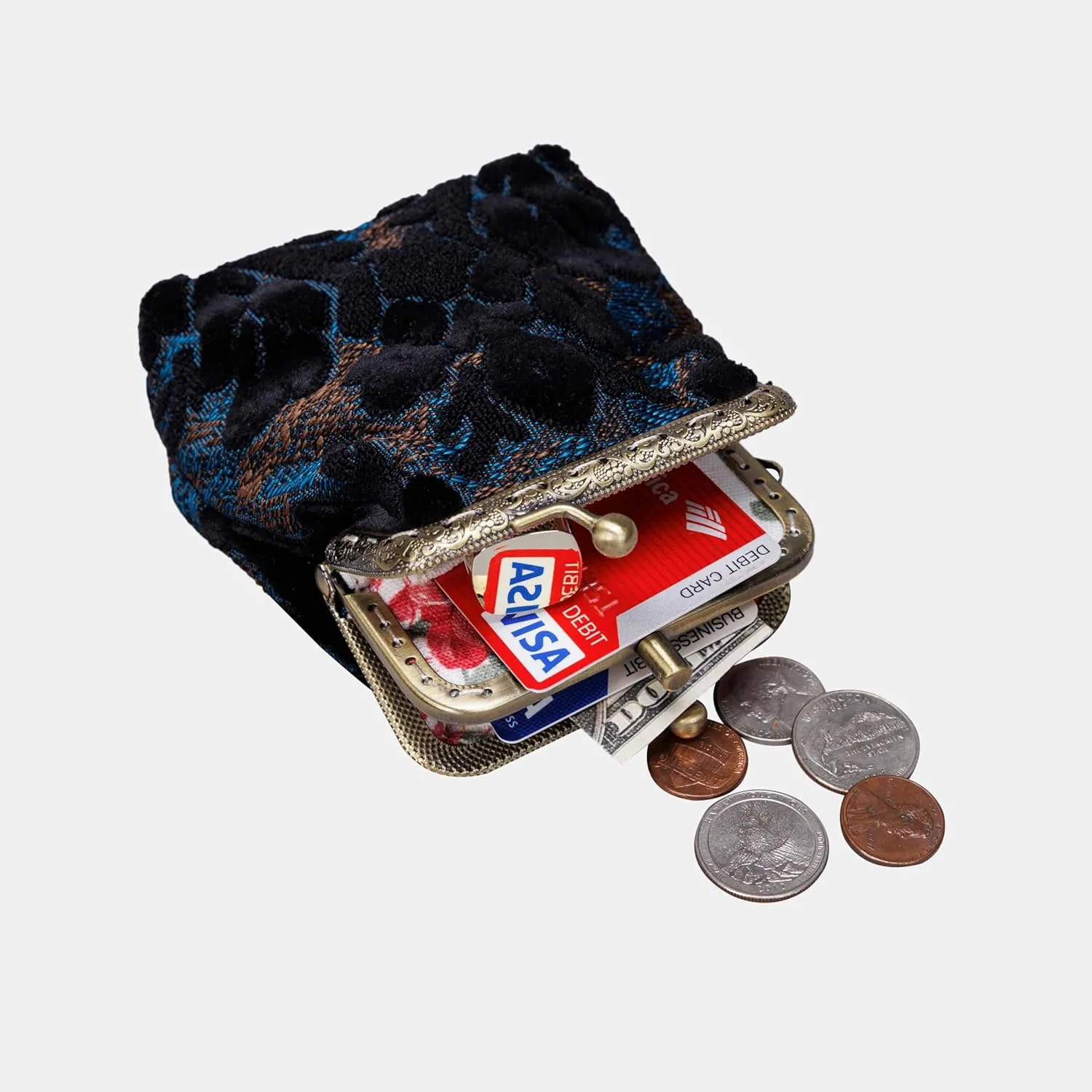 Burnout Velvet Double Kiss Clasp Coin Purse Pouch,Vintage Change Wallet Card Holder