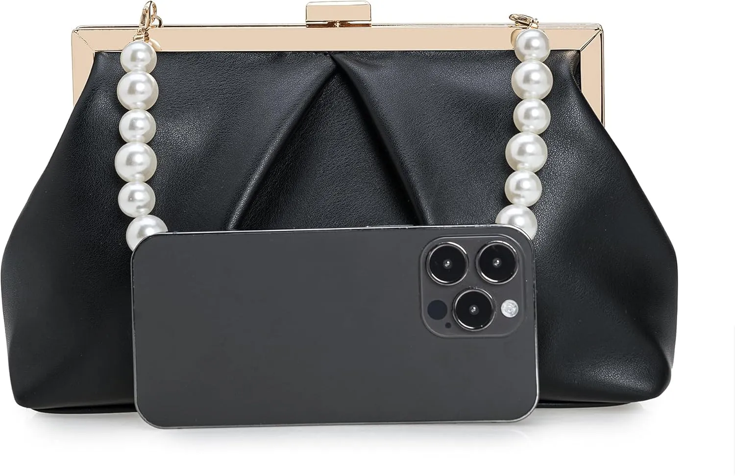 CHARMING TAILOR Faux Leather Clutch Purse Ruched PU Metal Frame Formal Evening Bag with Pearl Starp