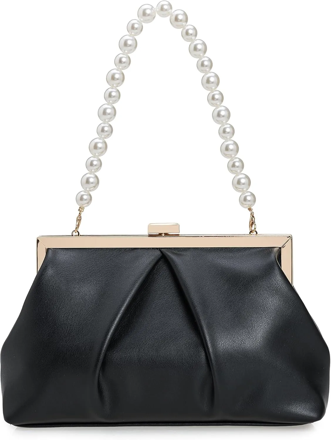 CHARMING TAILOR Faux Leather Clutch Purse Ruched PU Metal Frame Formal Evening Bag with Pearl Starp