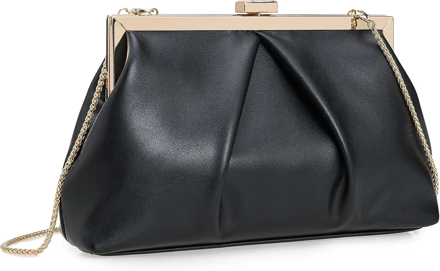 CHARMING TAILOR Faux Leather Clutch Purse Ruched PU Metal Frame Formal Evening Bag with Pearl Starp