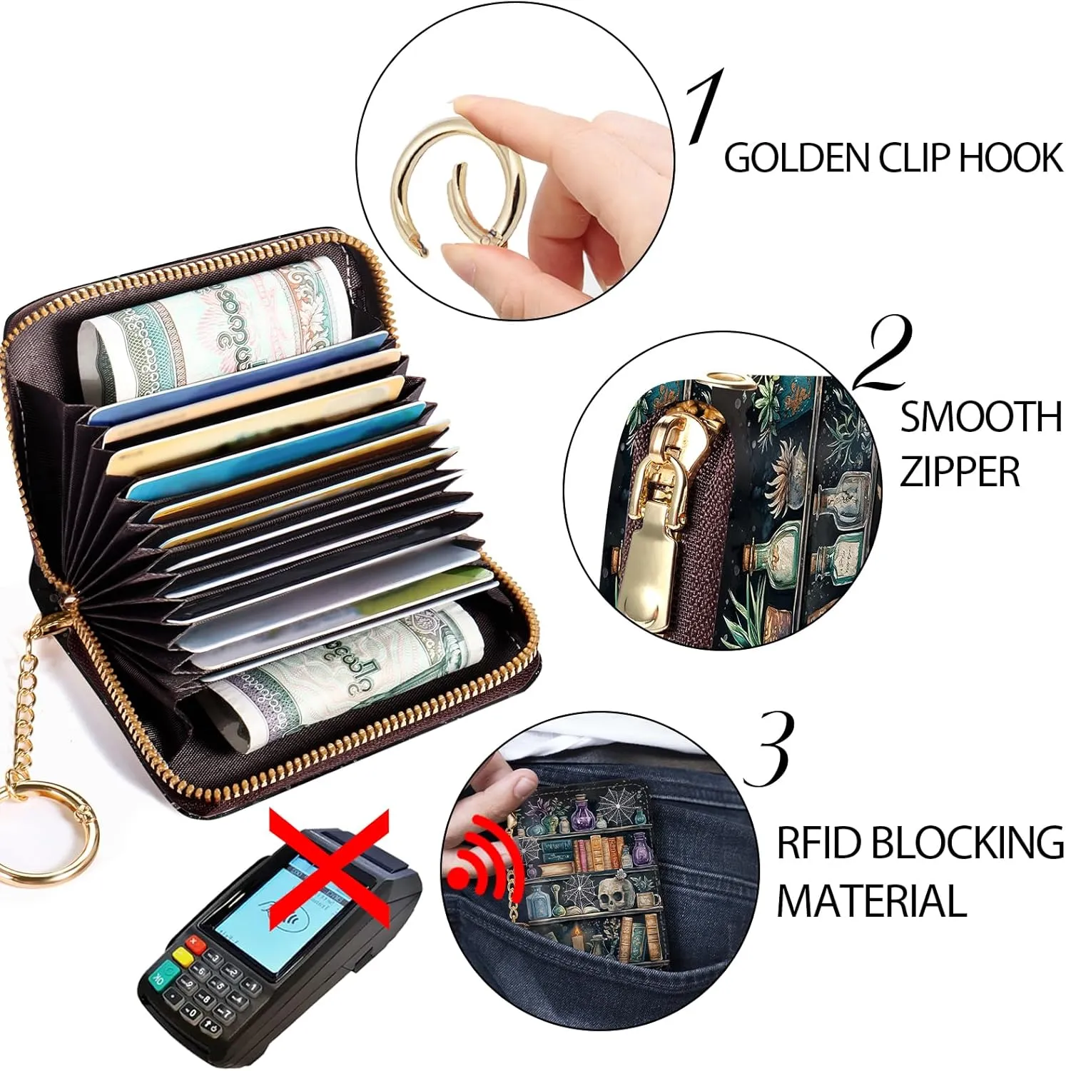 Credit Card Holder RFID Wallet, Small Card Holder Wallet for Women with Keychain Zipper, Funny Leather Print Credit Card Wallets Accordion Gift