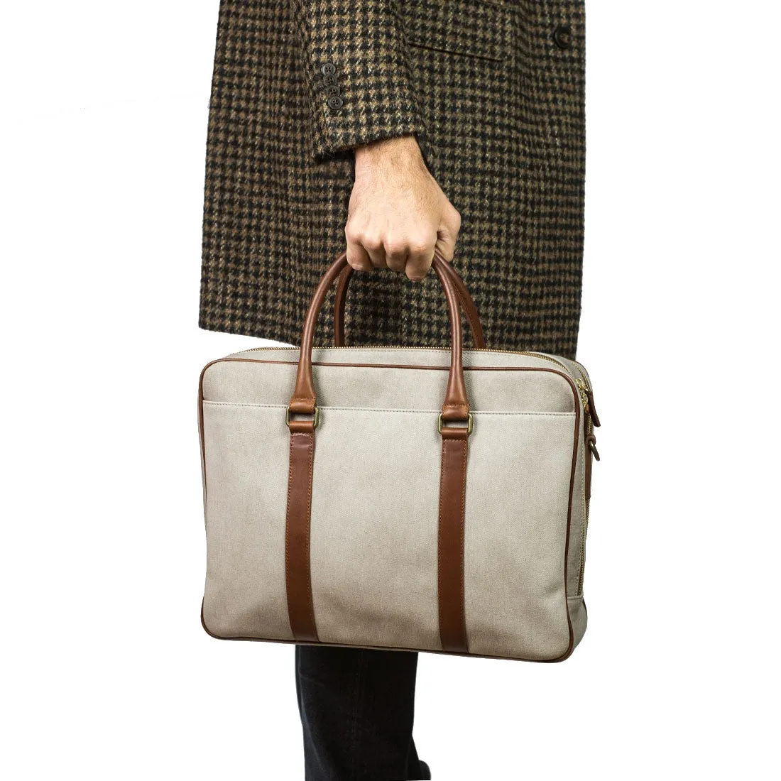 Fat Carter 2 briefcase, Cement canvas and Sol brown leather