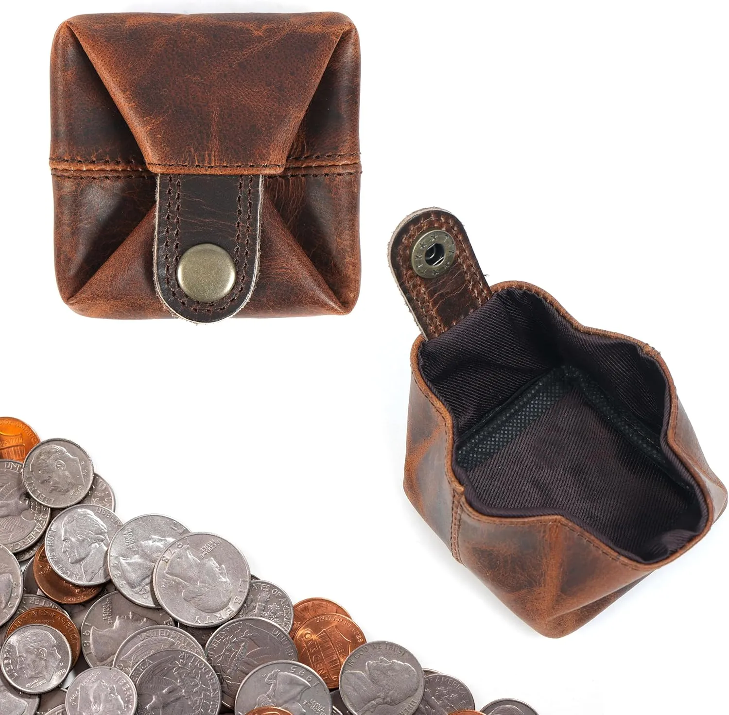 Leather Coin Pouch - Compact Change Holder and Mini Pocket Wallet for Men & Women (Brown)
