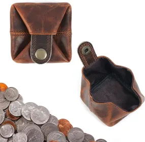 Leather Coin Pouch - Compact Change Holder and Mini Pocket Wallet for Men & Women (Brown)