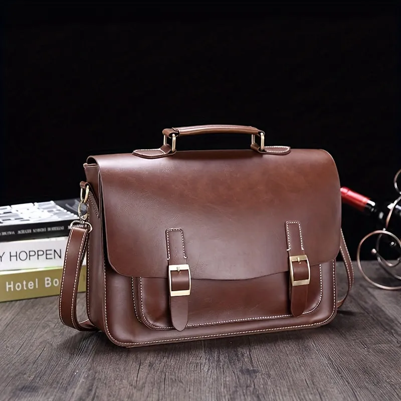 realaiot 2023 New Business PU Leather Briefcase, Men's Shoulder Messenger Bag, Horizontal Retro Men's Bag