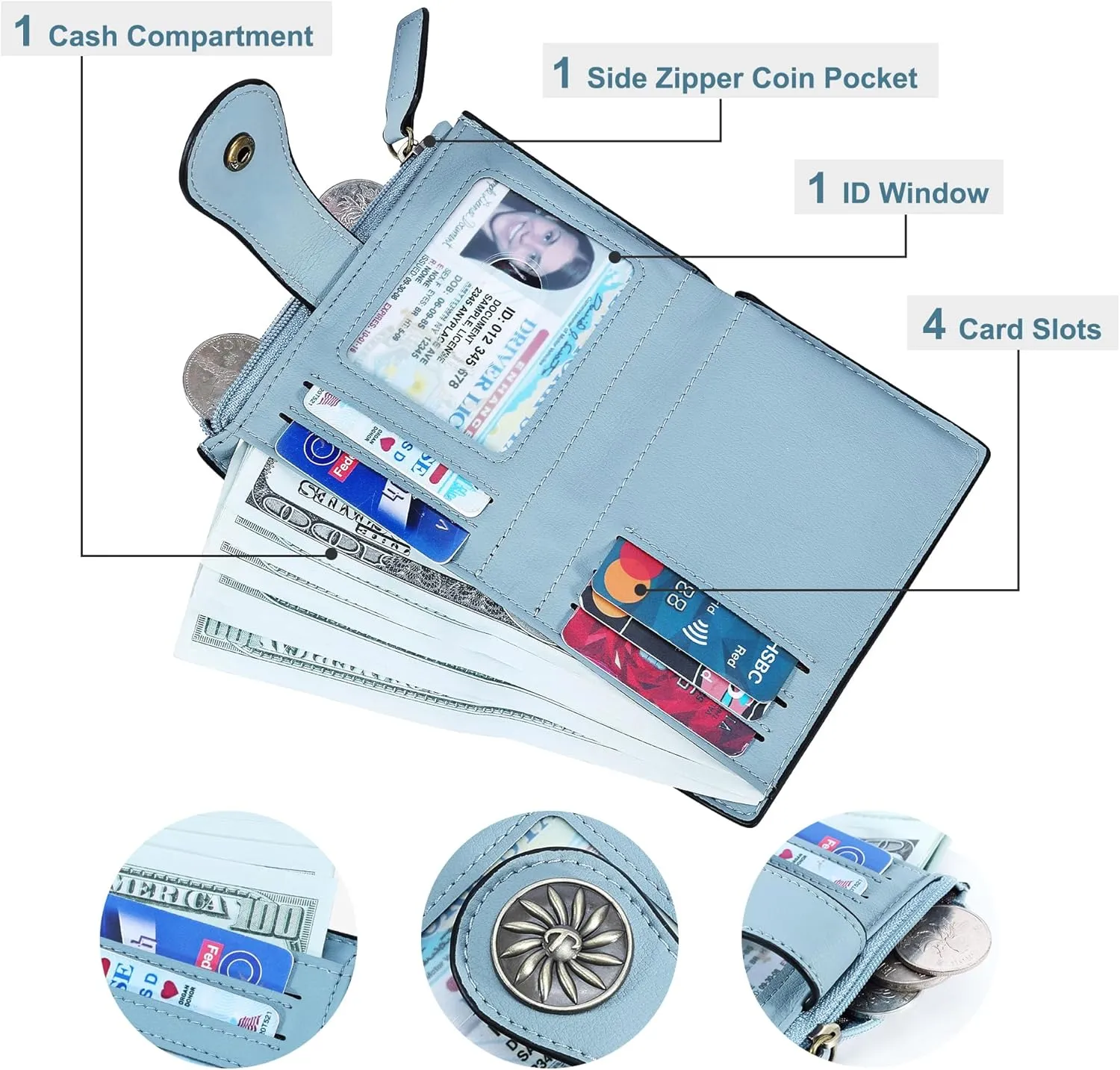 Small Wallet for Women Bifold RFID Blocking Card Holder Leather Wallets with Zipper Coin Pocket