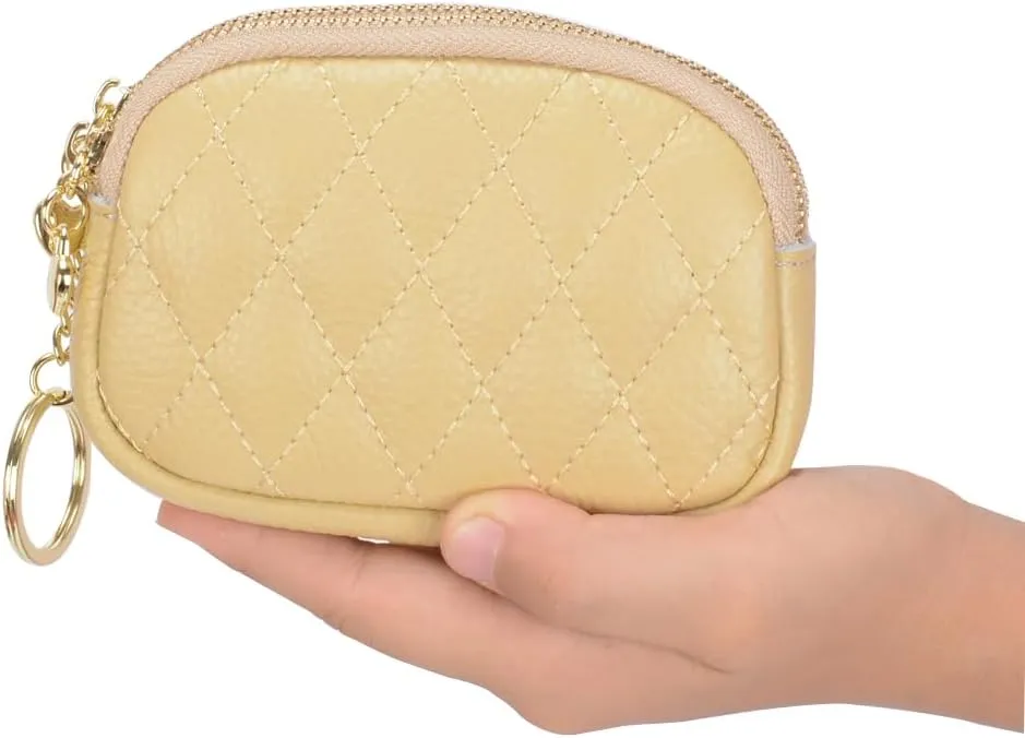 Women Coin Purse Wallet Genuine Leather Small Double Zippered Change Pouch Purse with Keychain Ring