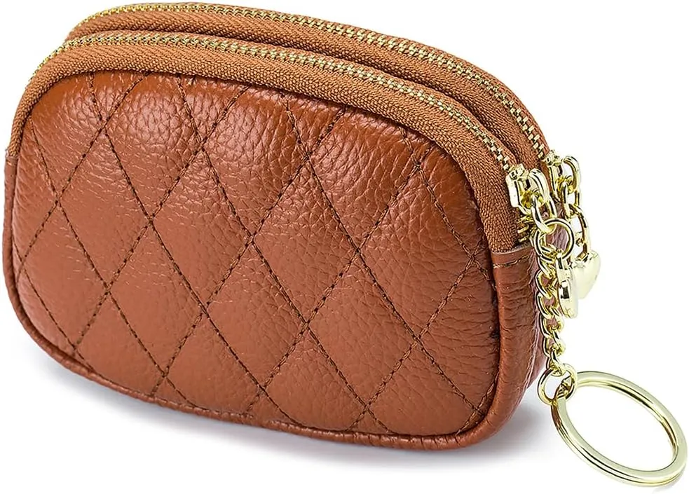 Women Coin Purse Wallet Genuine Leather Small Double Zippered Change Pouch Purse with Keychain Ring