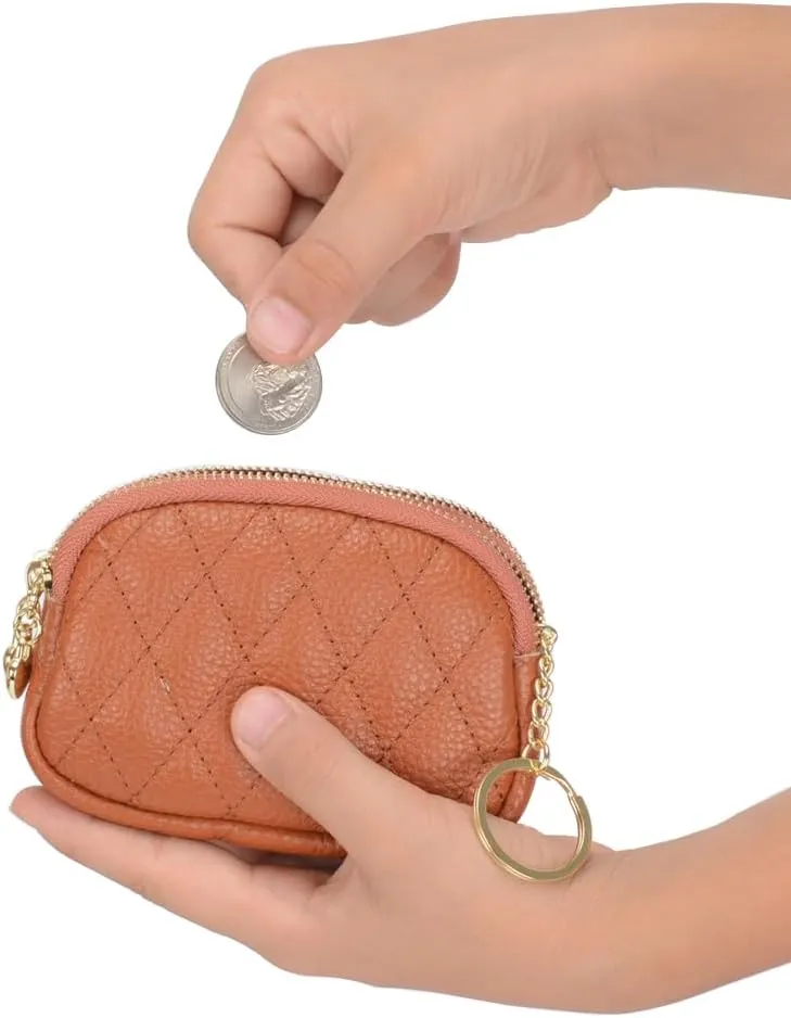 Women Coin Purse Wallet Genuine Leather Small Double Zippered Change Pouch Purse with Keychain Ring