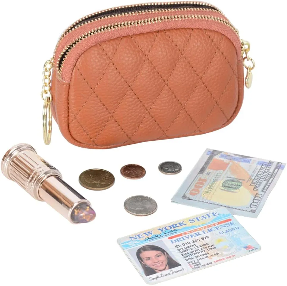 Women Coin Purse Wallet Genuine Leather Small Double Zippered Change Pouch Purse with Keychain Ring