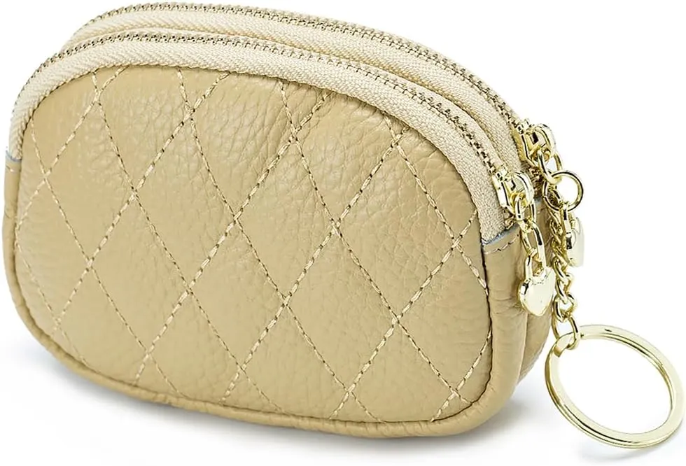 Women Coin Purse Wallet Genuine Leather Small Double Zippered Change Pouch Purse with Keychain Ring