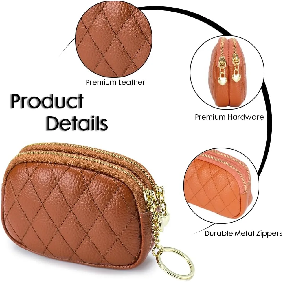 Women Coin Purse Wallet Genuine Leather Small Double Zippered Change Pouch Purse with Keychain Ring