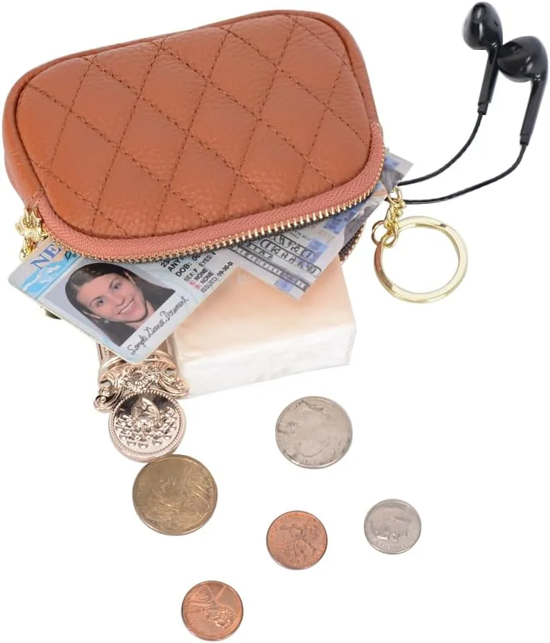 Women Coin Purse Wallet Genuine Leather Small Double Zippered Change Pouch Purse with Keychain Ring
