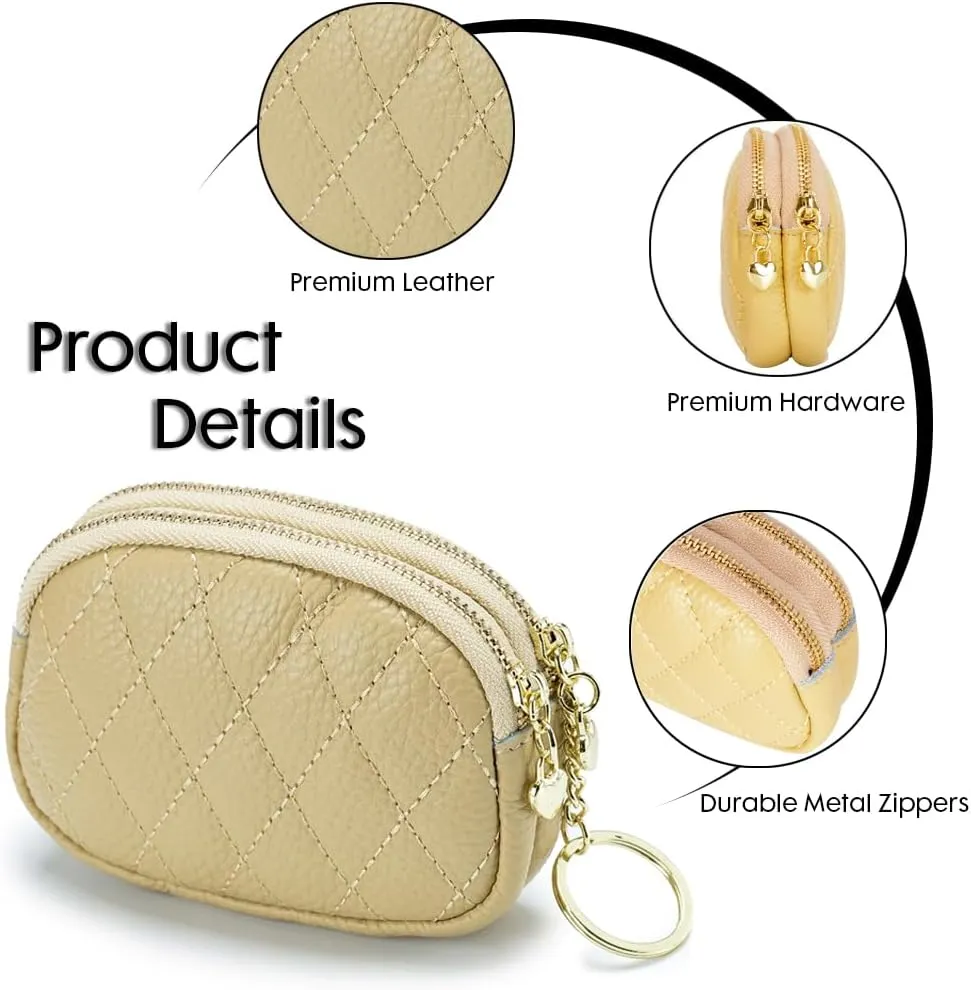 Women Coin Purse Wallet Genuine Leather Small Double Zippered Change Pouch Purse with Keychain Ring