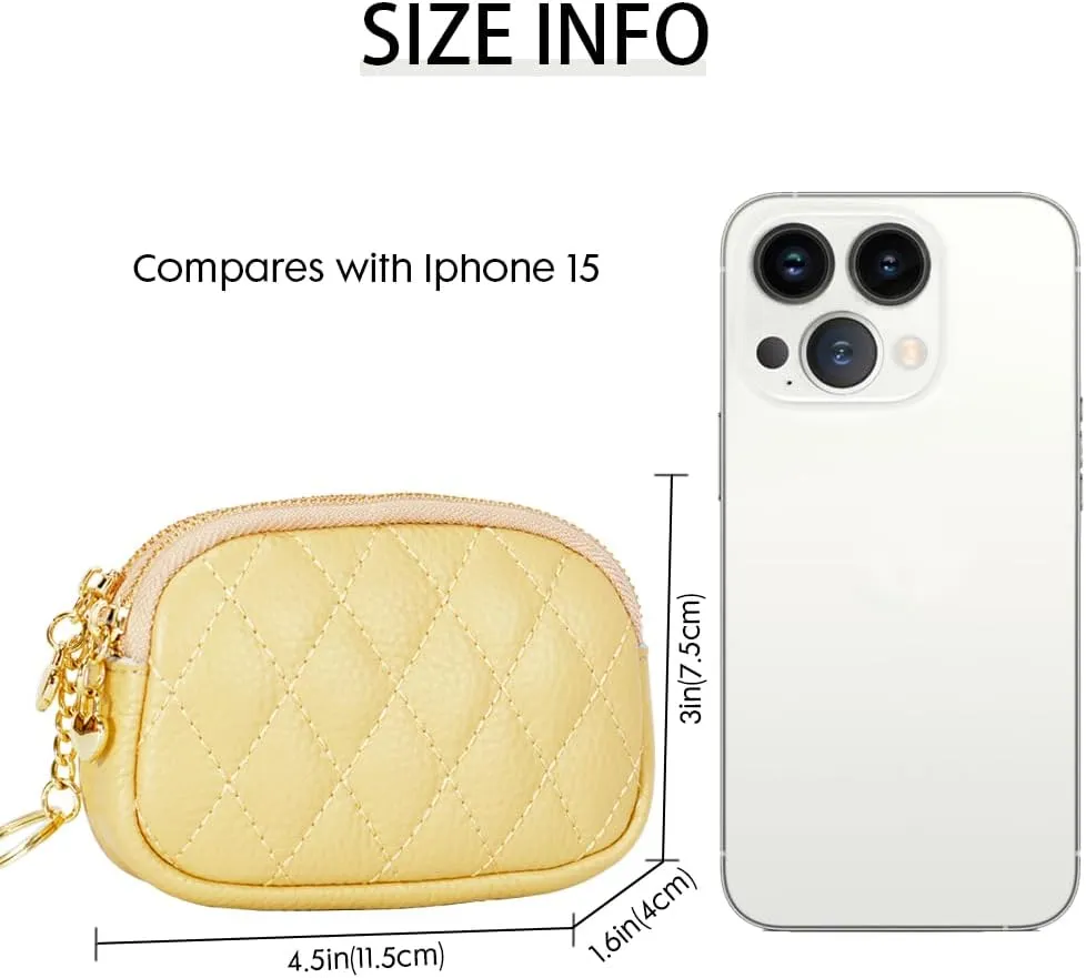 Women Coin Purse Wallet Genuine Leather Small Double Zippered Change Pouch Purse with Keychain Ring