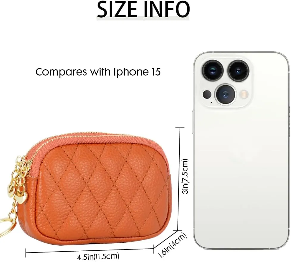 Women Coin Purse Wallet Genuine Leather Small Double Zippered Change Pouch Purse with Keychain Ring