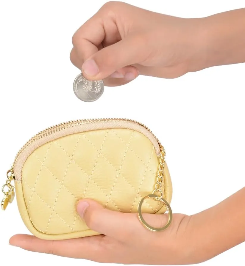 Women Coin Purse Wallet Genuine Leather Small Double Zippered Change Pouch Purse with Keychain Ring